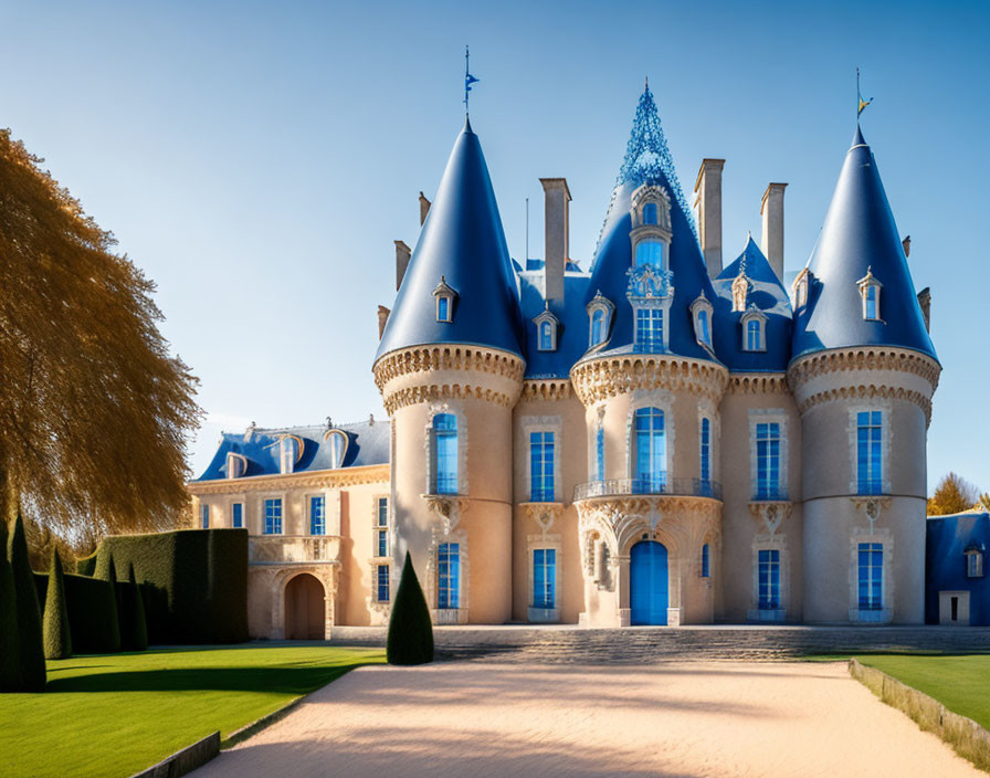 Symmetrical chateau with blue conical roofs and manicured lawns