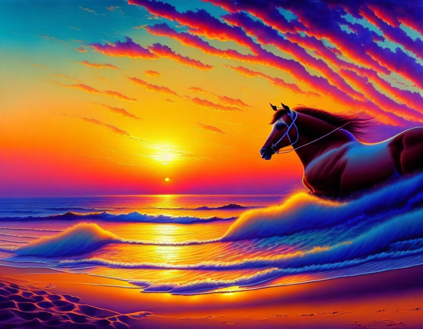 Colorful horse painting with sunset backdrop and ocean waves