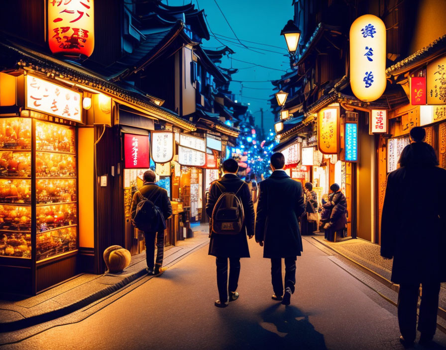 Vibrant dusk street scene with illuminated lanterns and shop signs