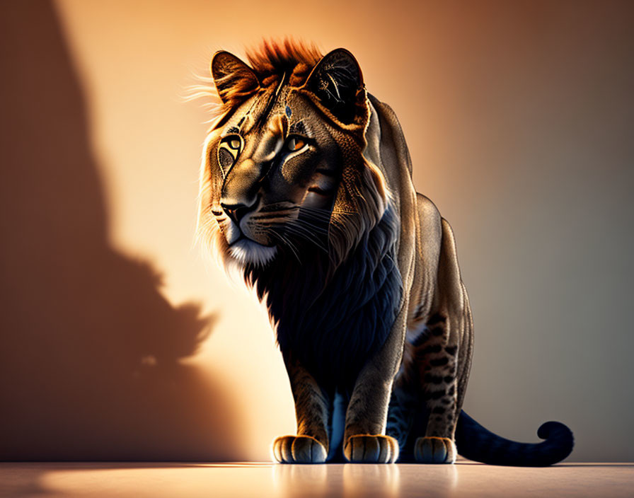 Majestic lion with shadowed mane on warm background symbolizes power.