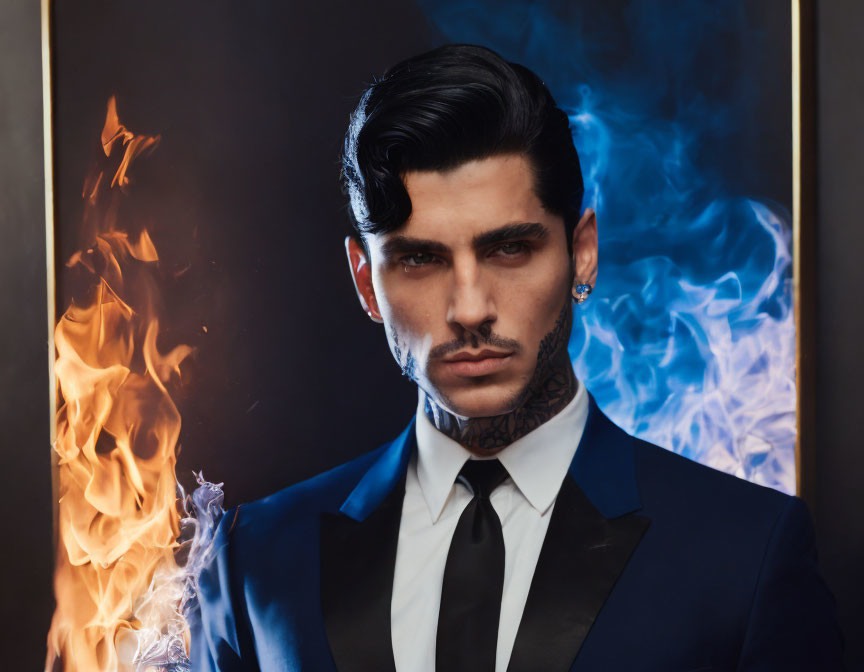 Tattooed man in suit surrounded by flames and blue smoke