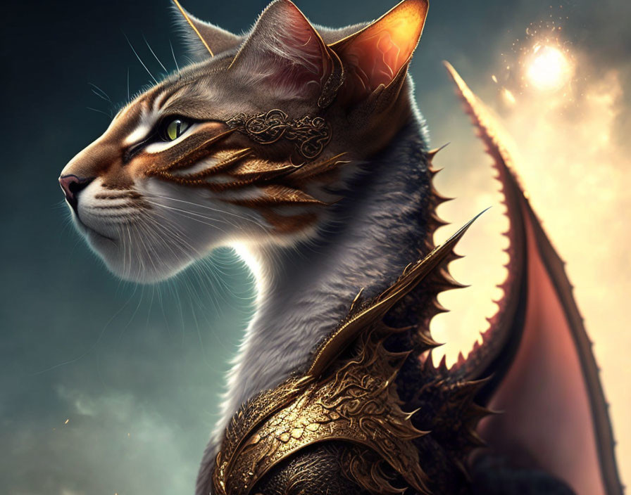 Fantasy cat with dragon-like features in mystical setting