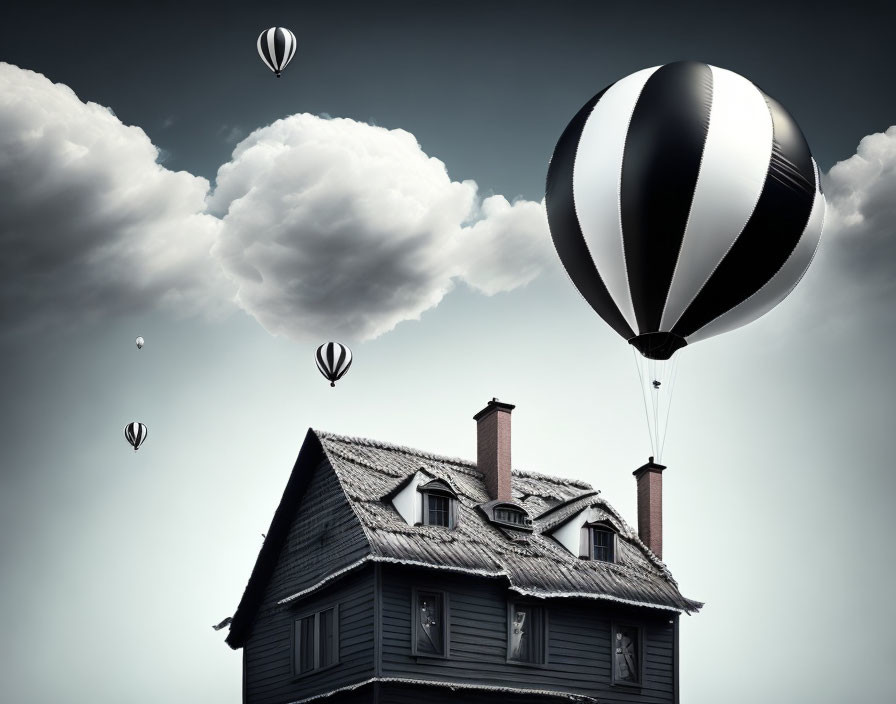 Dark house attached to giant hot air balloon floating in whimsical sky