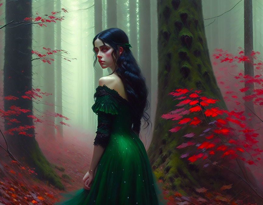 Woman in green dress in misty red-leafed forest with solemn expression