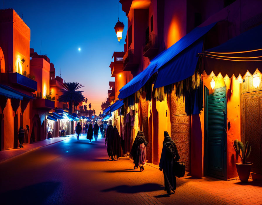 Vibrant Moroccan market street at twilight with traditional lanterns and warm-hued buildings