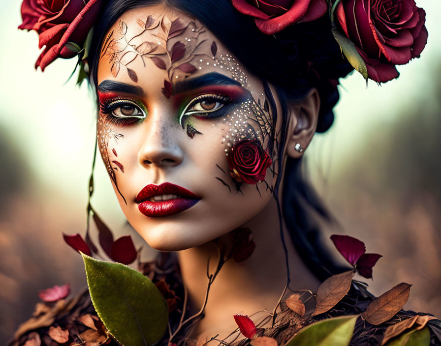 Woman with floral face paint and roses in hair gazes intensely amid natural backdrop