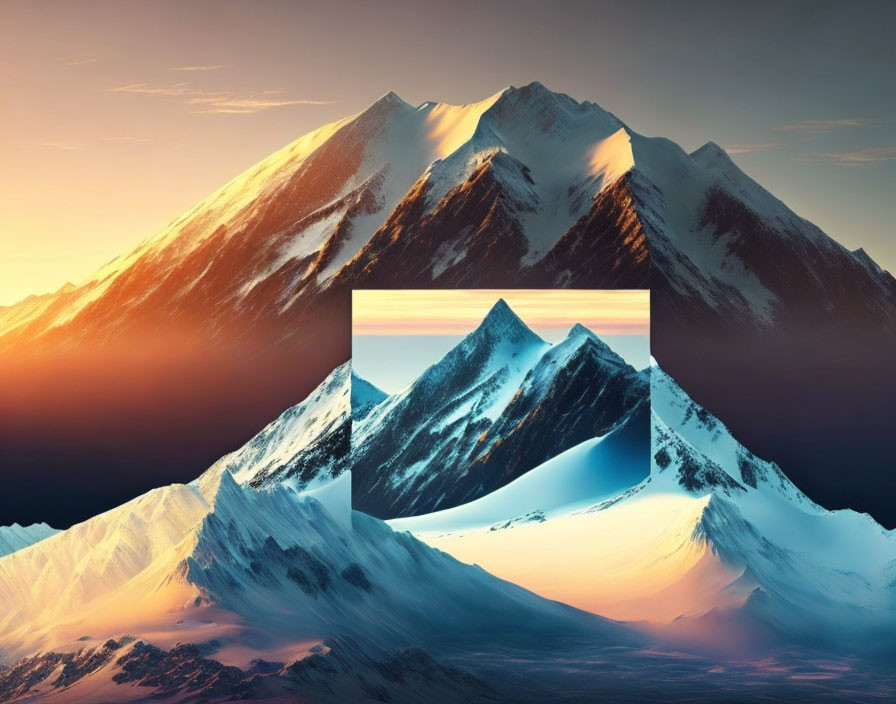 Snow-Capped Mountain Peaks at Sunrise with Geometric Cutout Frame