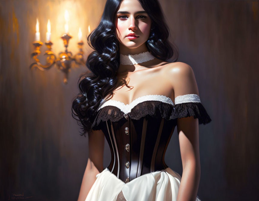 Digital artwork: Woman with dark hair, vintage corset, choker, and white skirt under warm