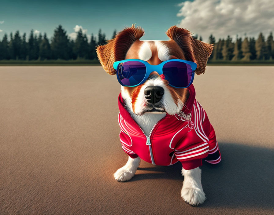 Fashionable Dog in Sunglasses and Red Tracksuit on Tarmac Road