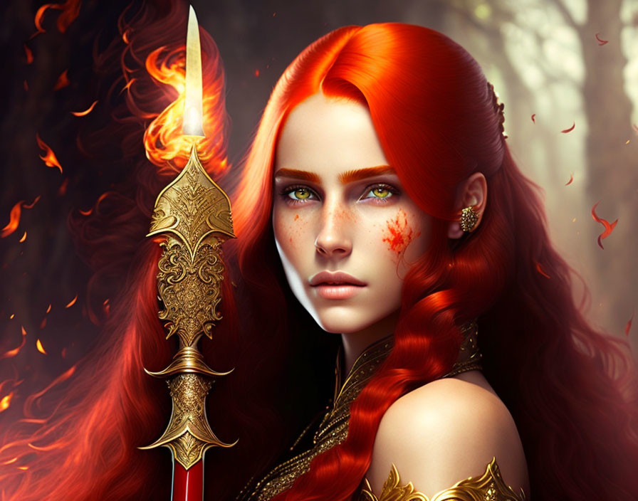 Fiery Red-Haired Woman with Green Eyes and Ornate Spear in Flames