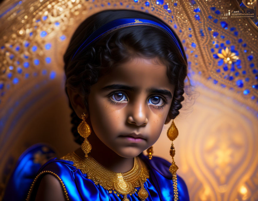 Young child in blue traditional outfit with striking eyes against golden backdrop