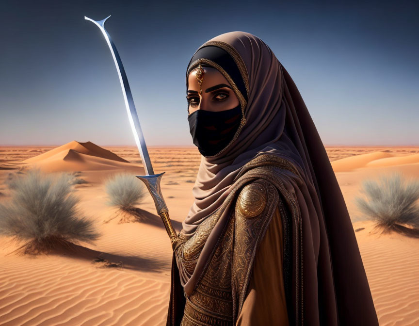 Traditional desert attire person with ornate sword in sandy desert landscape