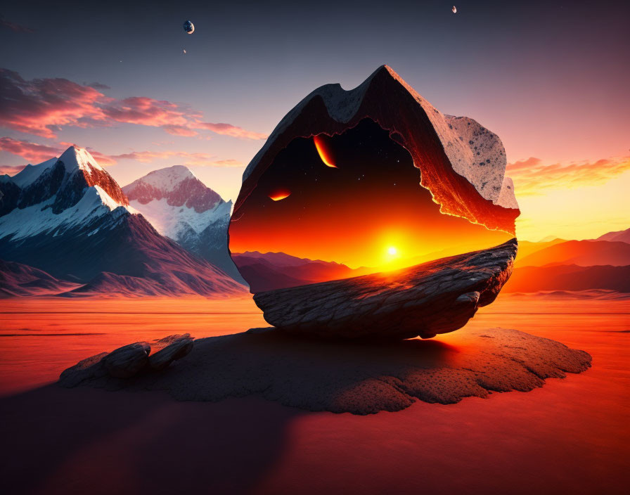 Surreal landscape with levitating hollow mountain and fiery sunset