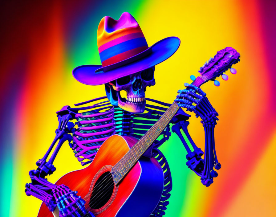 Colorful hat skeleton playing guitar on rainbow background