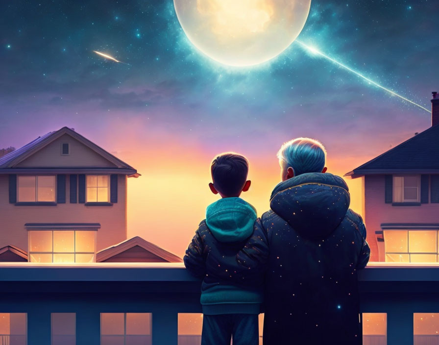 Child and adult on balcony under starry sky at dusk overlooking suburban homes