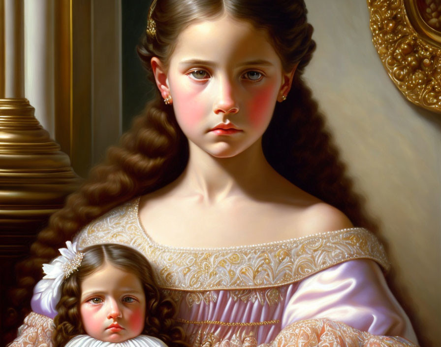 Portrait of Young Girl with Brown Hair and White Dress Holding Child