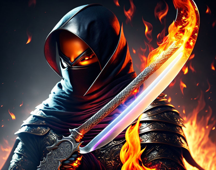 Masked Warrior in Dark Armor Wielding Flaming Sword in Fiery Scene