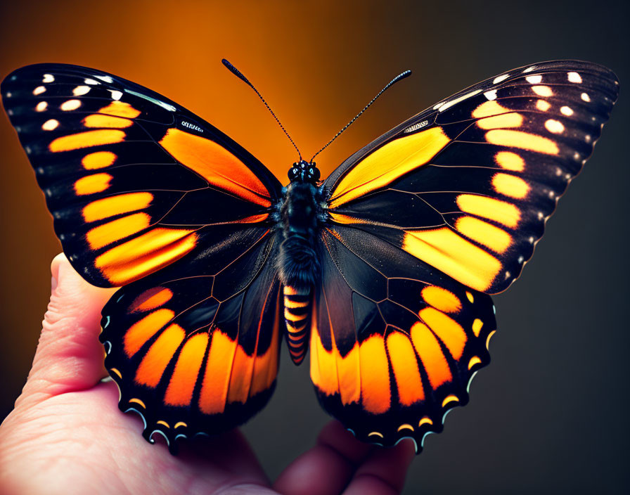 Bright orange and black butterfly on fingers with wings spread