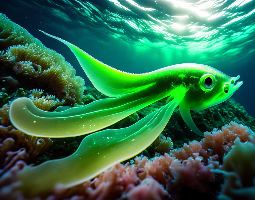 Glowing green fish swims above coral in shimmering water