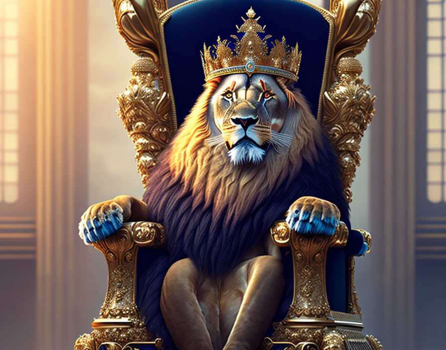 Regal lion with crown on throne in golden setting