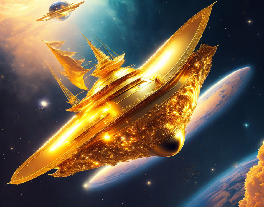 Golden spaceship resembling a futuristic galleon in starry cosmos