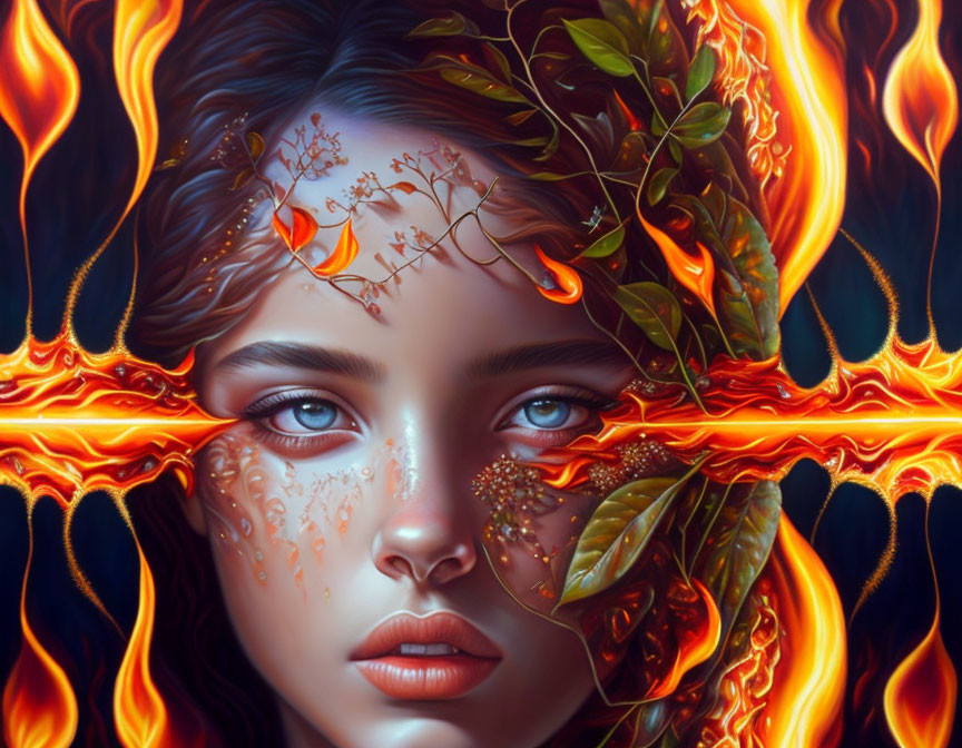 Digital artwork featuring woman's face with flaming ribbons and vibrant nature elements