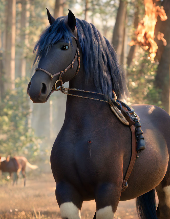 Brown horse with dark mane in forest with bridle, second horse in background