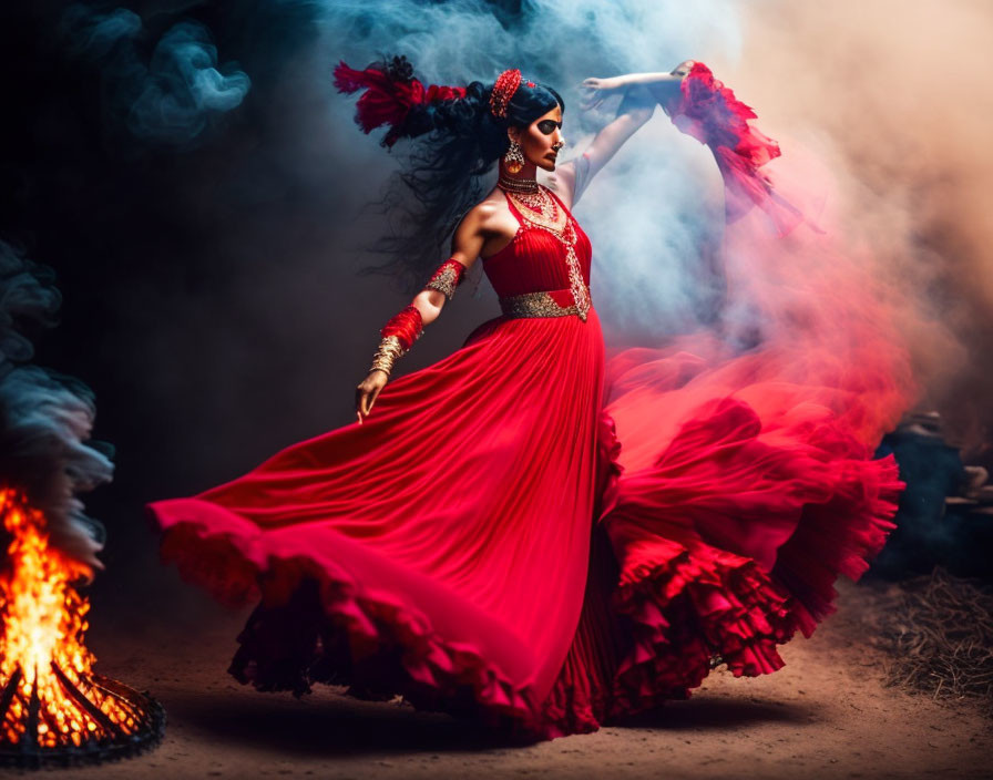 Woman in flowing red dress performs dance in swirling smoke and fire