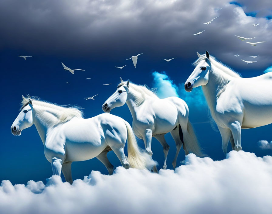 Three White Horses Galloping on Clouds in Vibrant Blue Sky