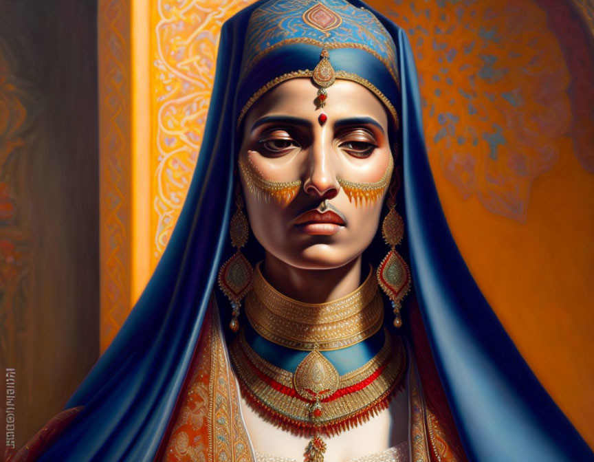 Regal woman in traditional attire with ornate jewelry and blue veil