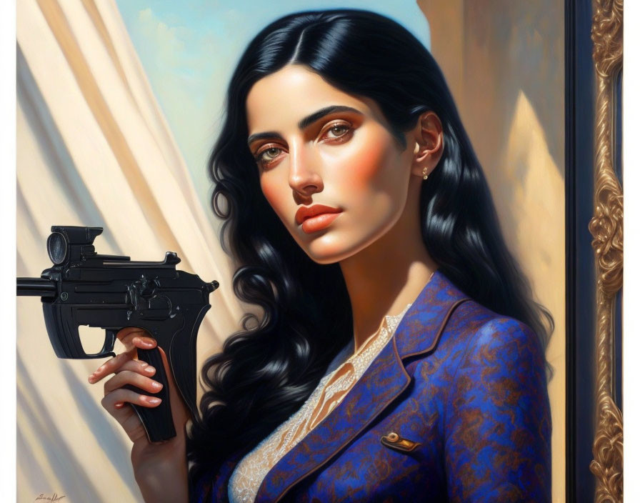 Digital painting of woman with dark hair holding submachine gun in blue blazer