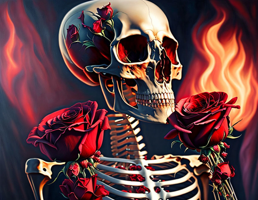 Human skeleton with skull holding red roses on fiery backdrop