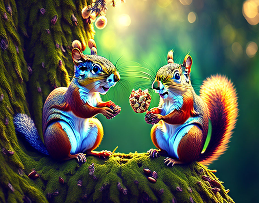 Colorful Squirrels on Mossy Branch in Enchanted Forest