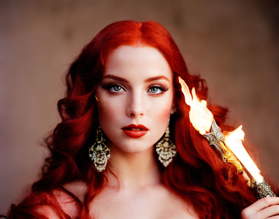 Woman with Bright Red Hair Holding Flaming Torch and Intense Gaze