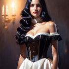 Digital artwork: Woman with dark hair, vintage corset, choker, and white skirt under warm