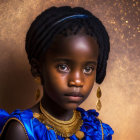 Young child in blue traditional outfit with striking eyes against golden backdrop