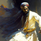 Man in Turban Twirling Dark Cloak in Illustration