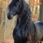 Brown horse with dark mane in forest with bridle, second horse in background