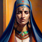 Regal woman in traditional attire with ornate jewelry and blue veil