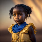 Young girl with braided hair in gold and blue dress gazes thoughtfully.