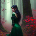 Woman in green dress in misty red-leafed forest with solemn expression