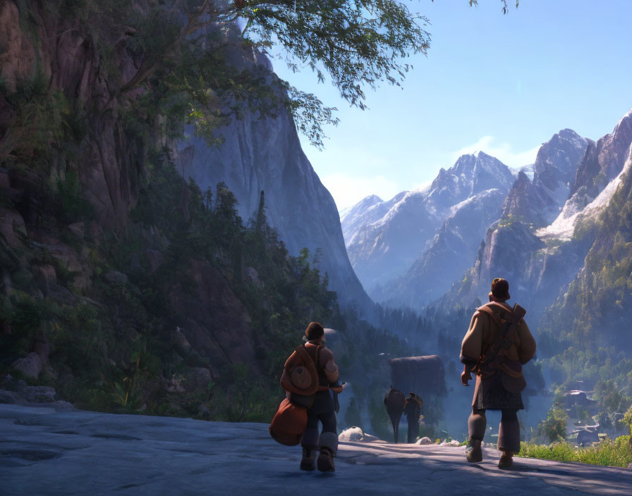 Animated characters with backpacks walking in mountainous landscape