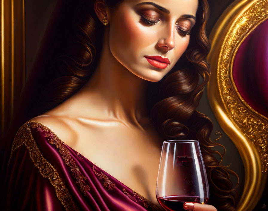 Sophisticated woman in burgundy dress with red lipstick holding wine glass near golden frame