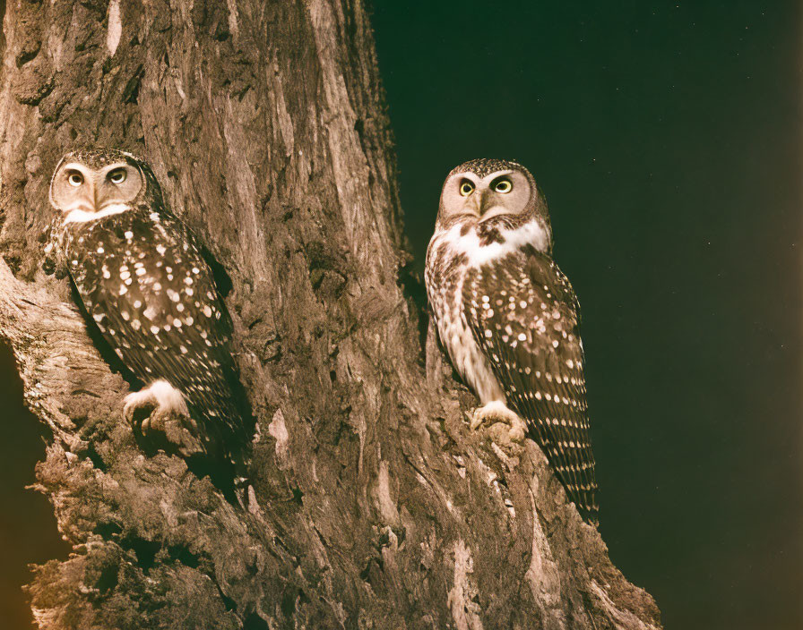 Two spotted owls on tree trunk, one facing forward, the other looking sideways