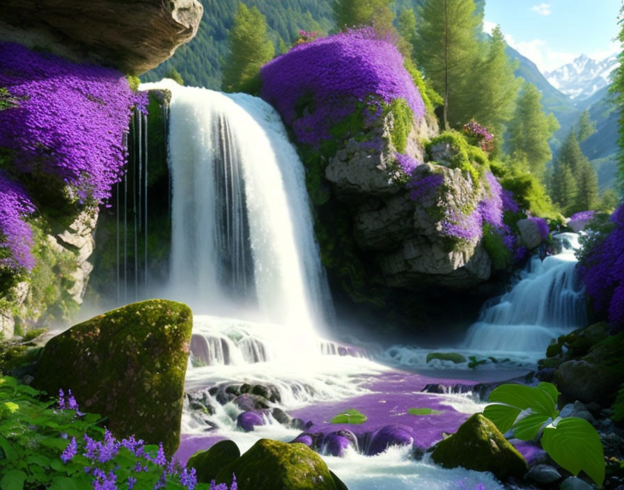 Tranquil Waterfall with Greenery and Purple Flowers