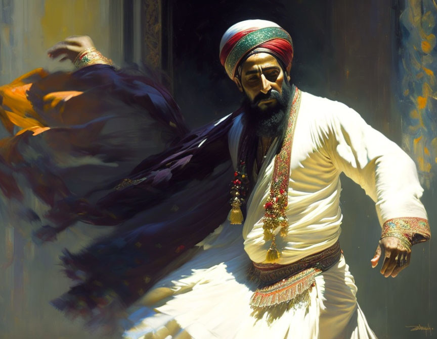 Man in Turban Twirling Dark Cloak in Illustration