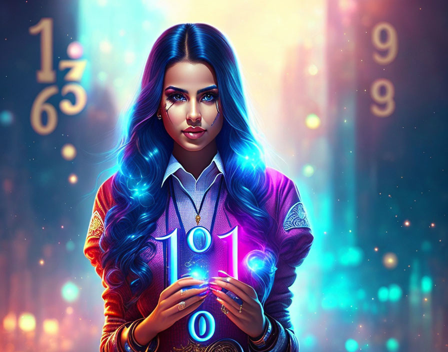 Digital Artwork: Woman with Blue Hair Holding Glowing Orb and Neon Lights