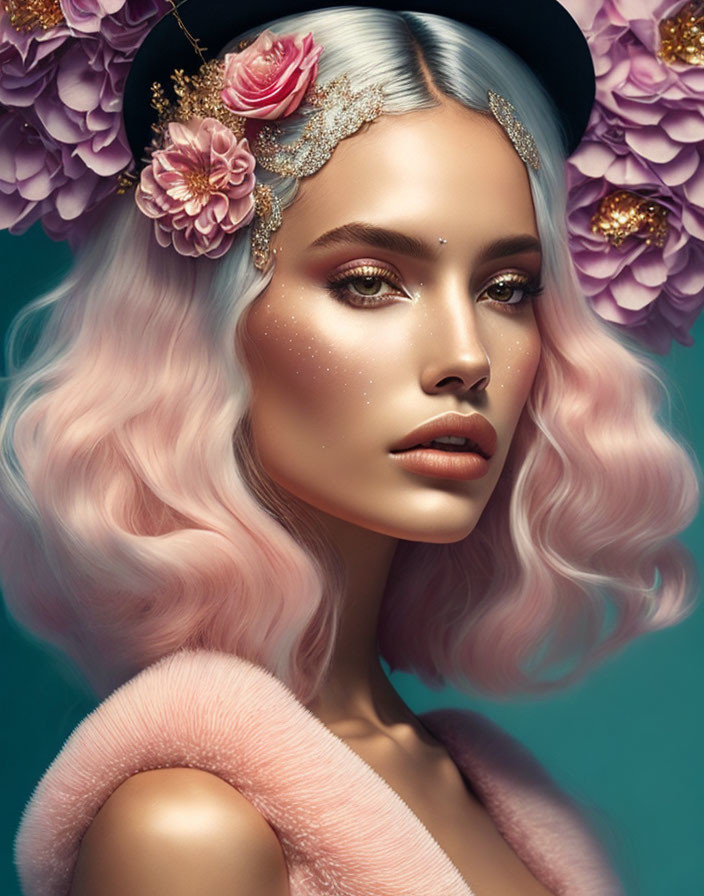 Pastel pink wavy hair woman with floral headpiece and glittering accessory in front of matching flowers