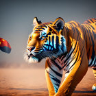 Three ferocious tigers in fiery landscape under stormy sky.