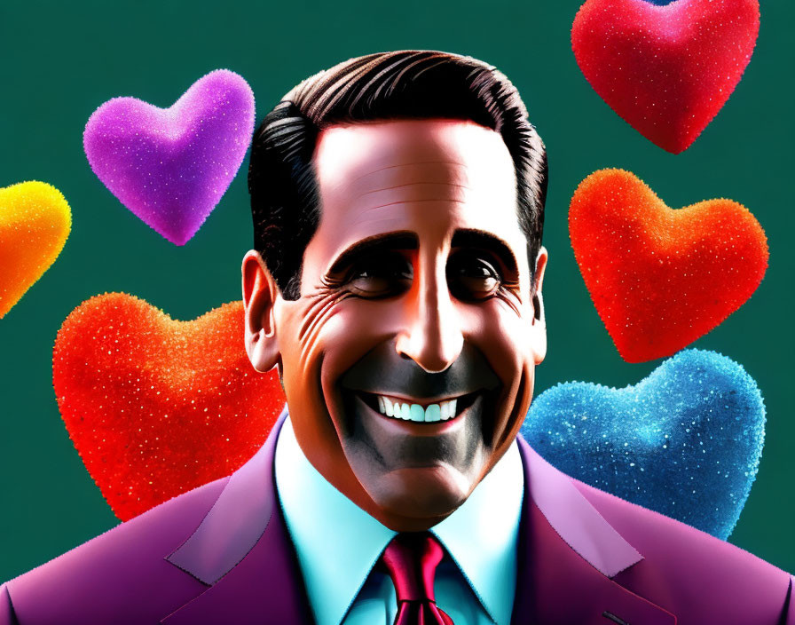 Smiling man in suit with vibrant hearts on dark green background